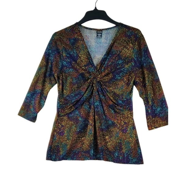 Knit Blouse Stretchy Rafaella Multi Jewel Tone Three Quarter Sleeve V-Neck - Picture 1 of 7
